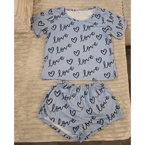 XS Womens Sky Blue 2-Piece Loungewear Set Love Heart Print Shorts Tee Pajamas